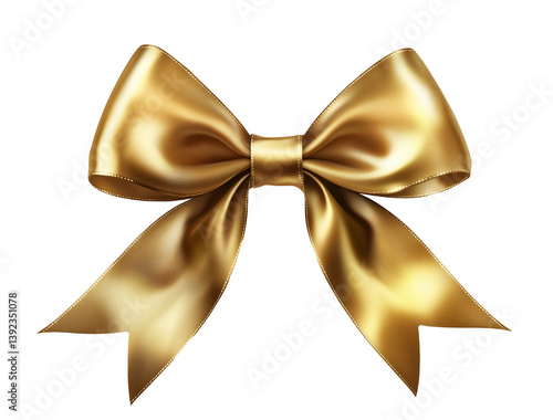 A shimmering gold bow with gracefully curved ribbons is isolated on a transparent background.