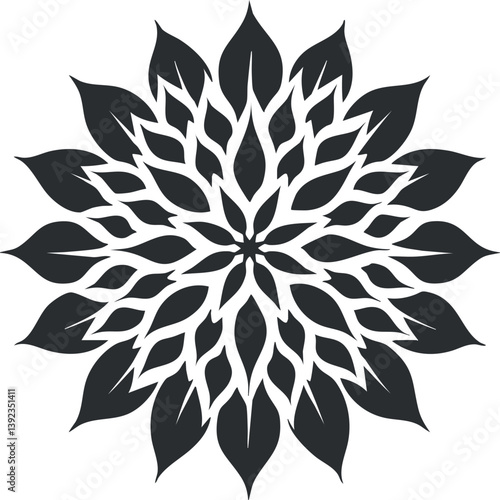 Abstract black and white mandala design with intricate geometric floral pattern.