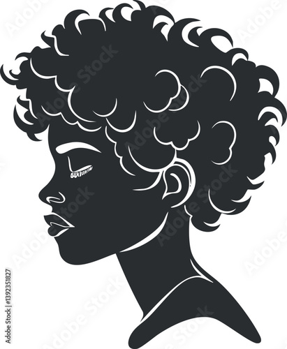 Silhouette of a woman with an afro hairstyle in a stylized vector profile art design.