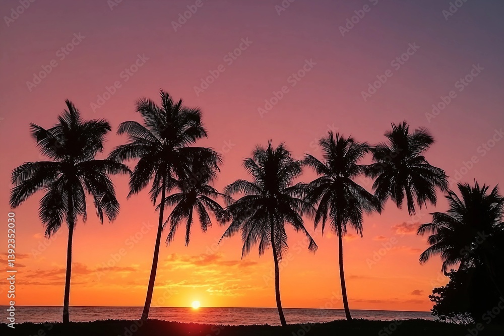 Silhouette of palm trees at sunset. Silhouette palm tree at tropical beach. Silhouette of palm trees at sunset. Silhouette palm tree at tropical beach.