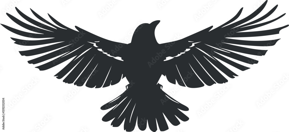 Naklejka premium Silhouette of a raven in flight with wings spread wide, illustrating grace and freedom.
