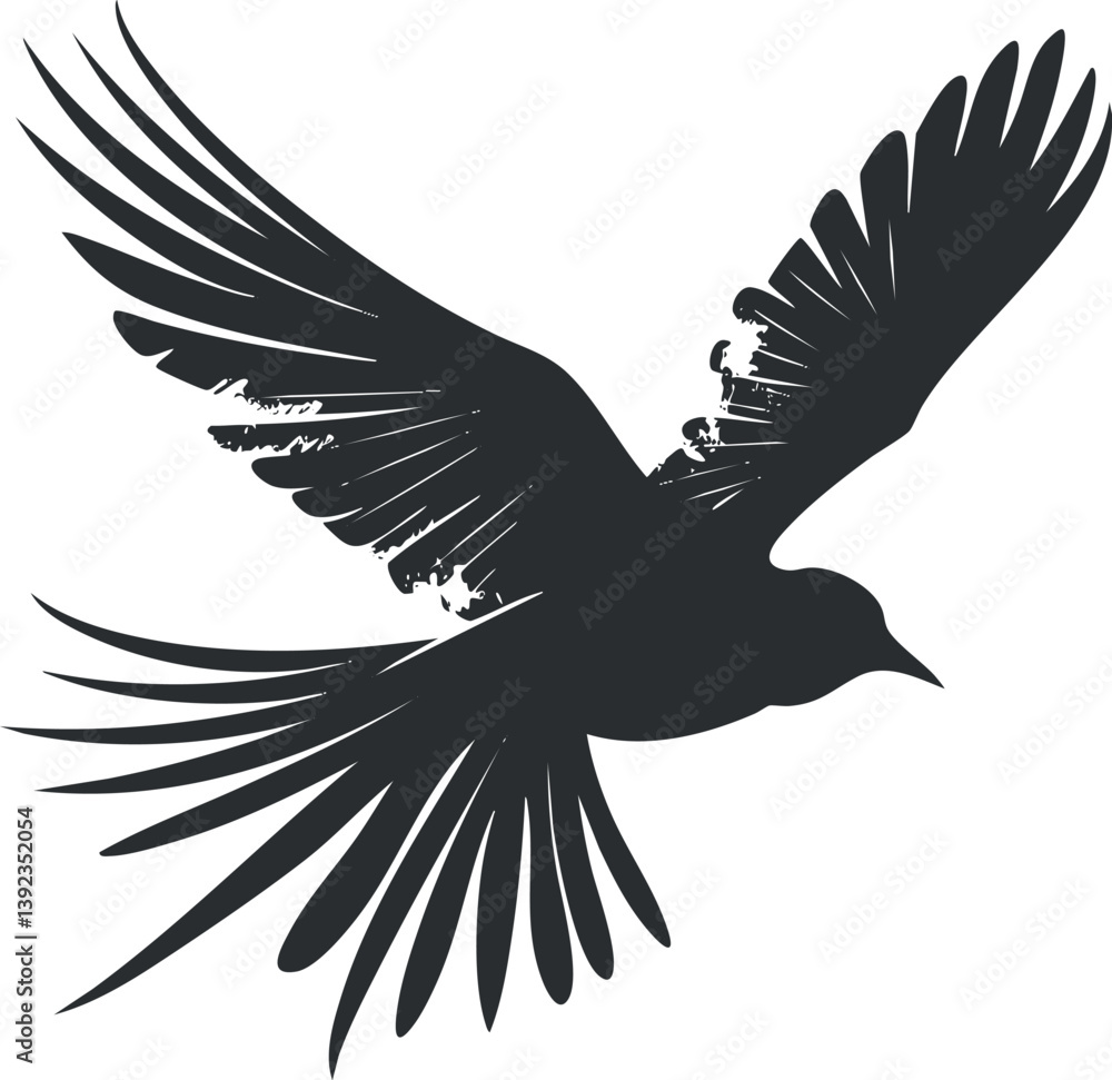 Fototapeta premium Silhouette of a crow with outstretched wings, showcasing detailed feathers in a vector design.