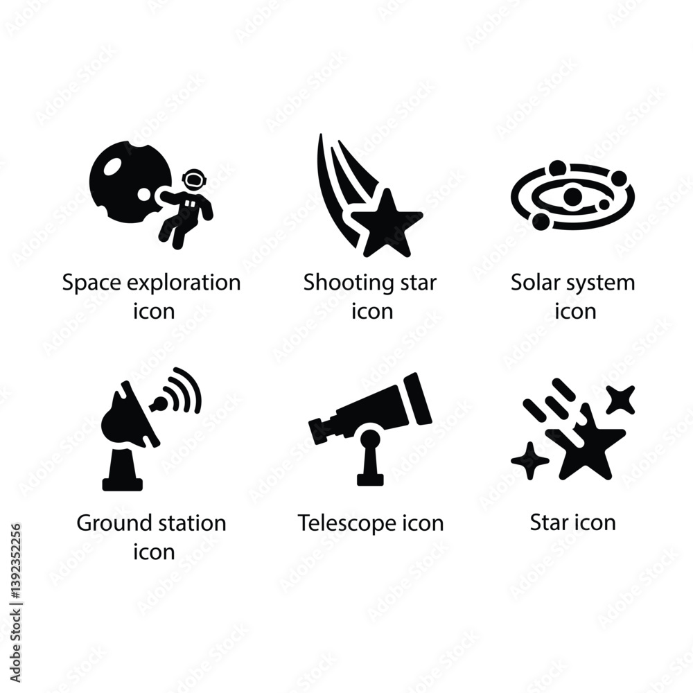 Fototapeta premium Space exploration, Shooting star, Solar system, Ground station, Telescope, Star, Black Icon Set