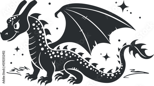 Stylized black and white illustration of a mythical dragon with wings and decorative stars.