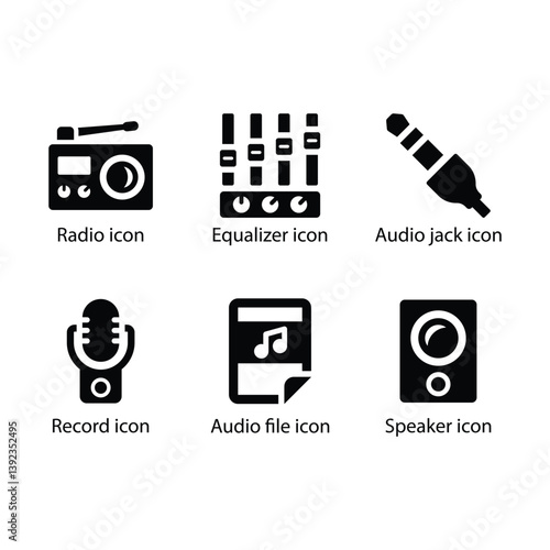 Radio, Equalizer, Audio jack, Record, Audio file, Speaker, Black Icon Set