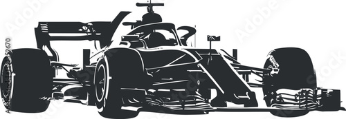 Black and white silhouette illustration of a modern racecar in a dynamic pose.
