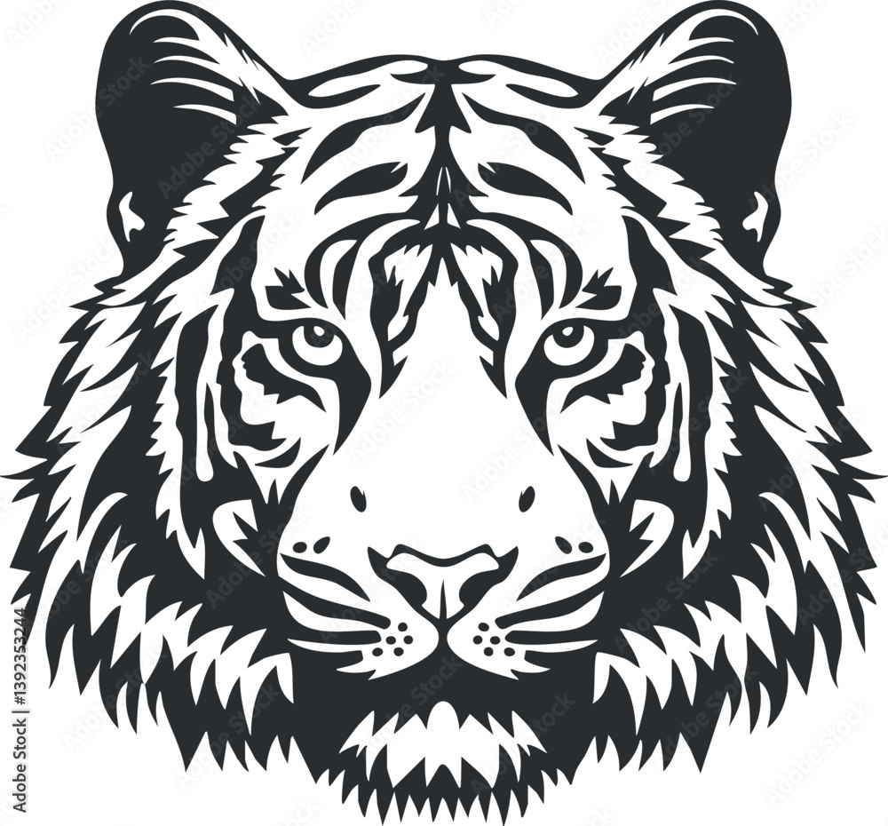 Black and white symmetrical illustration of a tiger's face with intricate details. Black and white symmetrical illustration of a tiger's face with intricate details.