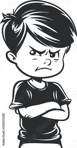 Black and white illustration of an angry boy with crossed arms and a frowning expression.