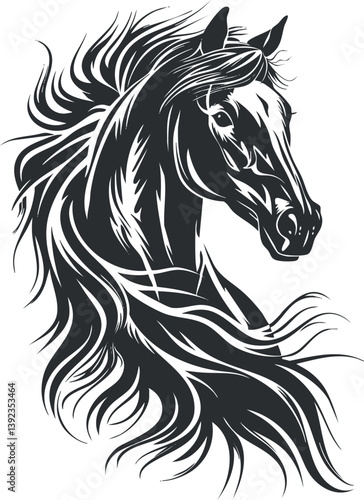 Stylized black and white horse sketch illustration with flowing mane and dynamic pose.