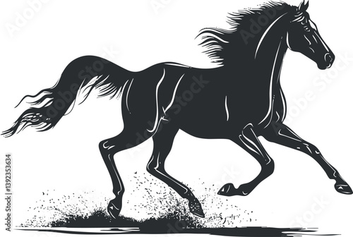 Silhouette of a galloping horse with a flowing mane and tail, splashing water.