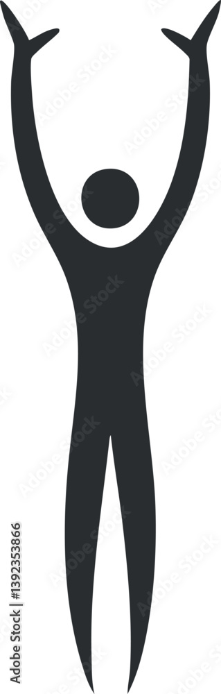 Simple black silhouette of a human figure with raised arms symbolizing victory and success. Simple black silhouette of a human figure with raised arms symbolizing victory and success.