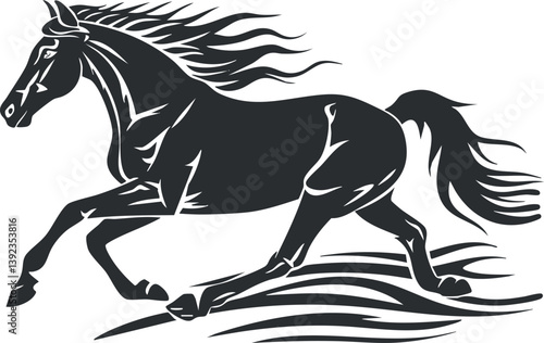 Silhouette of a galloping horse with flowing mane and tail, showcasing dynamic movement.