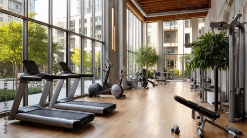 Modern gym with treadmills, weights, and city view