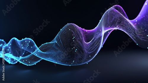 The fusion of a dark background and a dot blue purple wave line light gradient creates a captivating visual representation of abstract technology and big data in the digital realm, achieved through