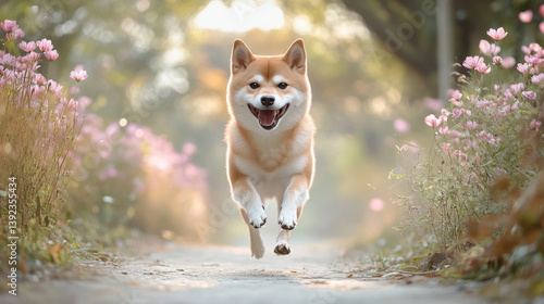 Happy Shiba Inu Dog Running Joyfully Through a Blooming Pink Flower Garden Path