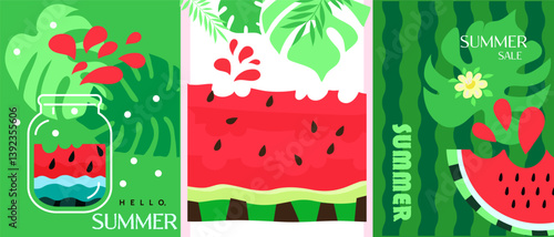 Summer time, Hello, summer -set cards in cartoon style concept design, modern abstract background