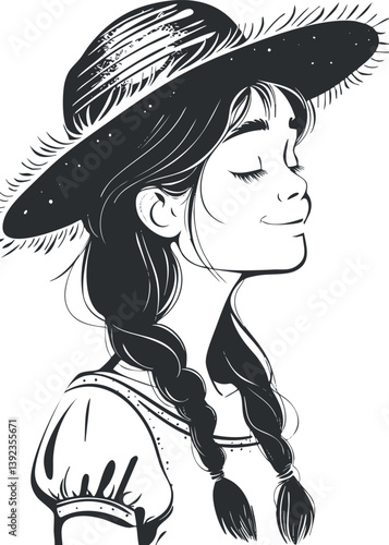 Monochrome illustration of a smiling girl in braids and a hat, showcasing a vintage style.