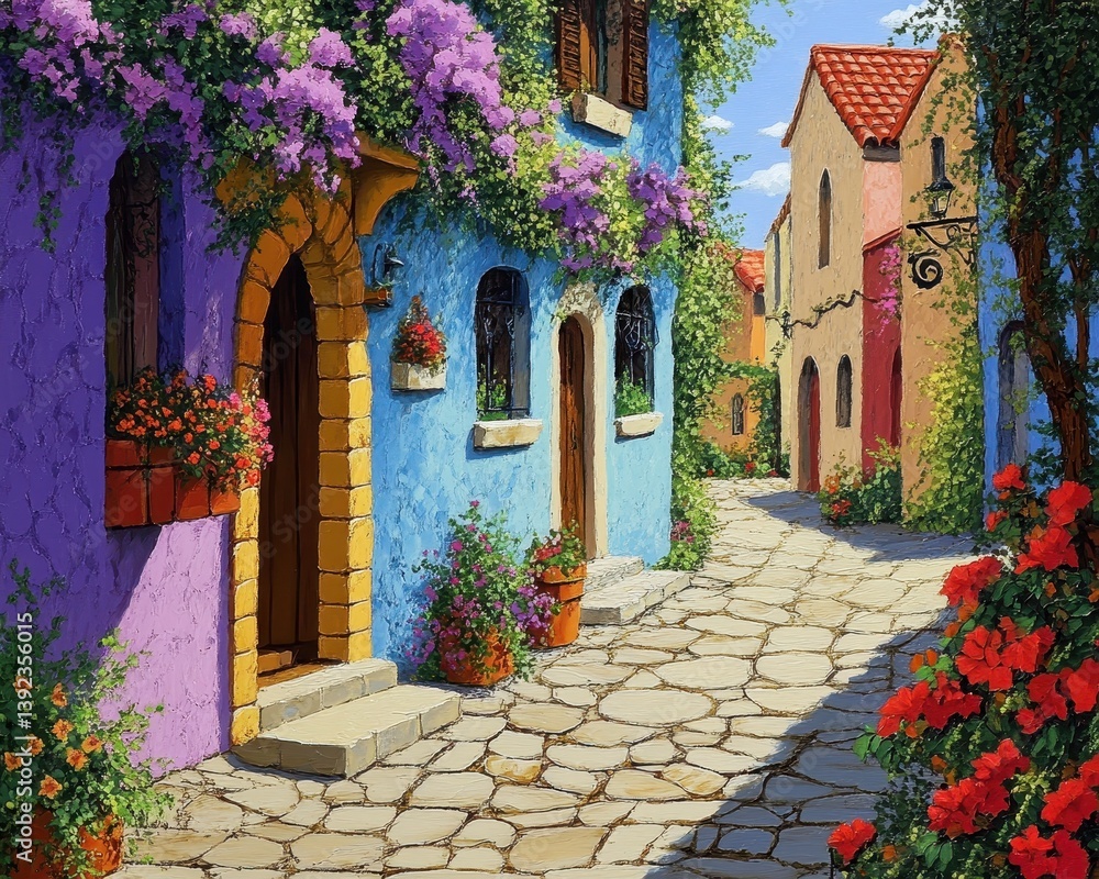Fototapeta premium Charming Streetscape: A Colorful Sidewalk View with Vibrant Facades and Blooming Flowers in a Quaint Town