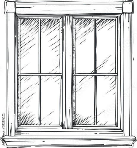 Detailed sketch of a classic wooden window frame with glass panes in black and white.