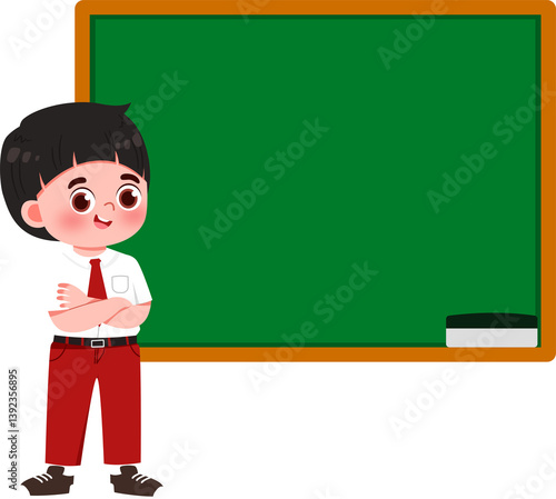 Confident Boy Student Beside Blank Green Chalkboard