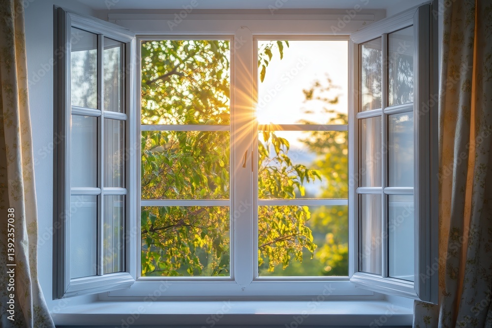 Obraz premium Bright Window with White PVC Frame. Open for Fresh Air in a Cozy Home Environment