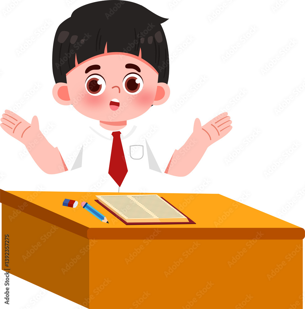 Curious Schoolboy at Desk with Open Book and Supplies Curious Schoolboy at Desk with Open Book and Supplies