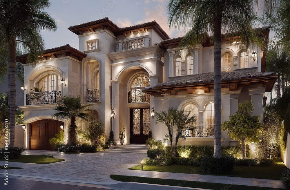 Beige stone villa with red-tile roof, arched entrance with wall lamps, balconies with black railings, palm trees landscaping, dusk sky ambiance Beige stone villa with red-tile roof, arched entrance with wall lamps, balconies with black railings, palm trees landscaping, dusk sky ambiance