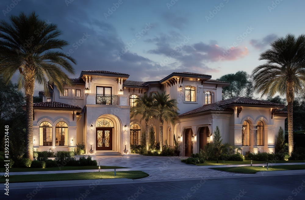 Naklejka premium Beige stone villa with red-tile roof, arched entrance with wall lamps, balconies with black railings, palm trees landscaping, dusk sky ambiance