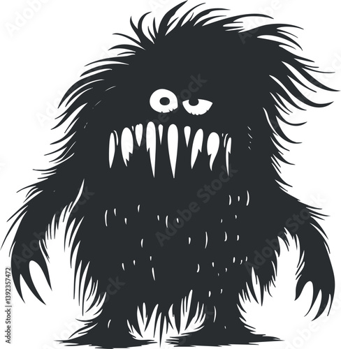 Cartoon illustration of a shaggy, one-eyed monster with sharp teeth in black and white.