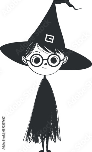 Black and white illustration of a young witch or wizard with a pointed hat and glasses.