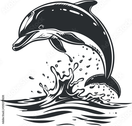 Black and white illustration of a dolphin jumping out of the water with a splash.