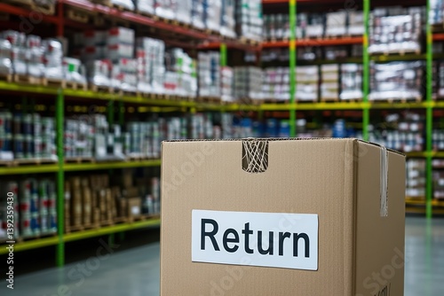 Cardboard return box in a warehouse ready for processing returned items and inventory management