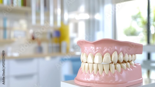 Detailed denture model displayed against blurred dental clinic setting