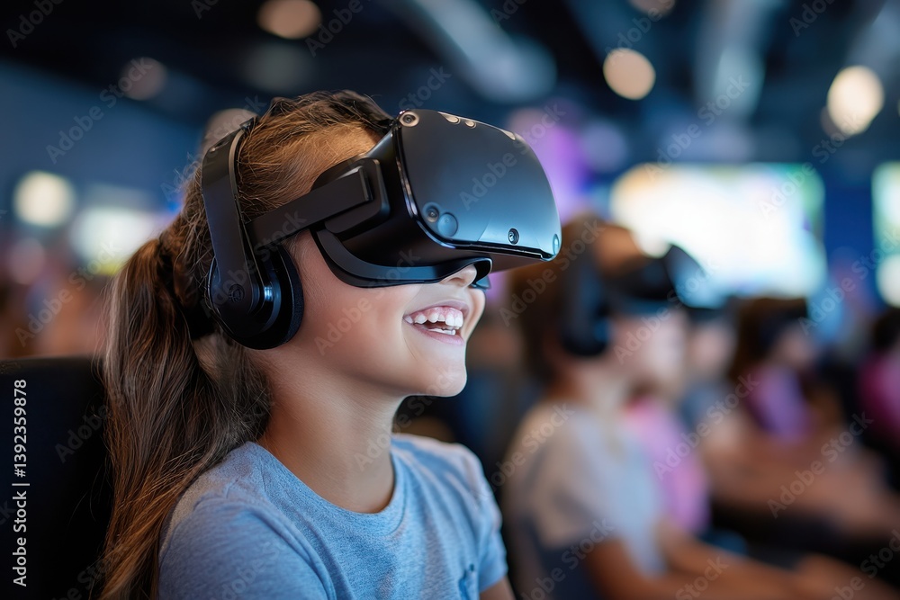 A young girl is immersed in a virtual reality experience, laughing and smiling as she explores imaginative worlds, highlighting the joy and excitement of modern technology. A young girl is immersed in a virtual reality experience, laughing and smiling as she explores imaginative worlds, highlighting the joy and excitement of modern technology.