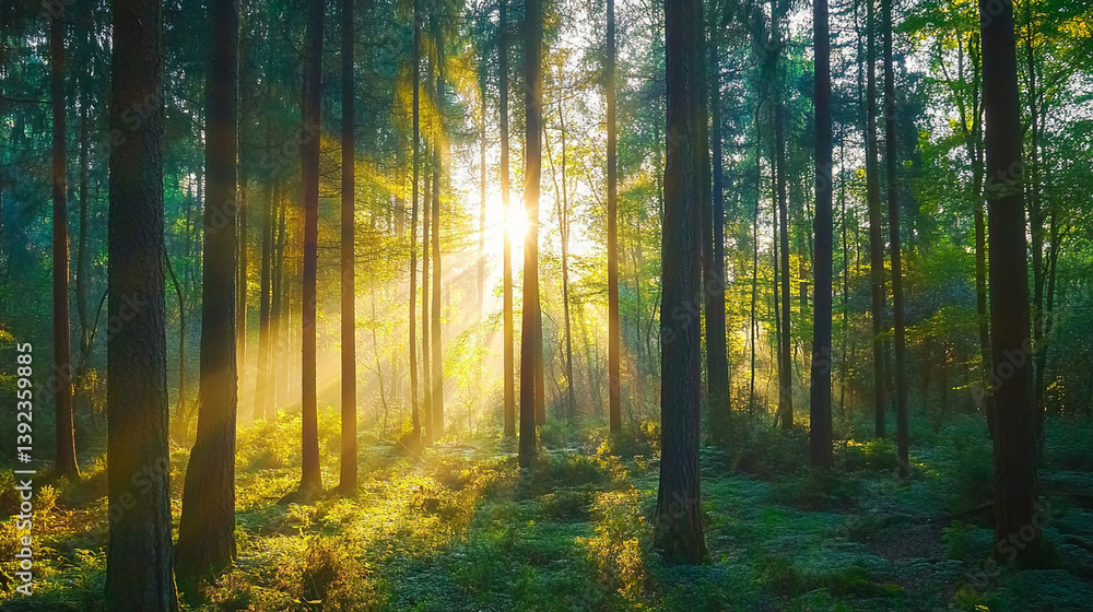 Golden Sunlight Streaming Through a Serene Forest. Peaceful Nature Landscape Golden Sunlight Streaming Through a Serene Forest. Peaceful Nature Landscape