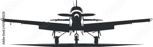Silhouette of an airplane viewed head-on, showcasing its wings and sleek aerodynamic design.