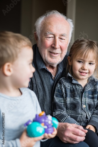Senior citizens who are grandparents have fun playing with their grandchildren and enjoying family time together