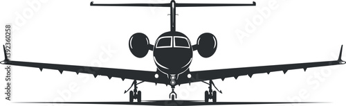 Silhouette of a commercial jet airplane from the front view, showcasing its engines and wings.