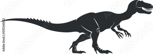 Silhouette of a dinosaur, possibly a raptor, in black and white vector illustration.