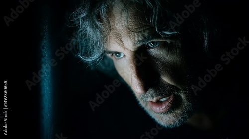 Intense close-up of a man with gray hair and piercing blue eyes