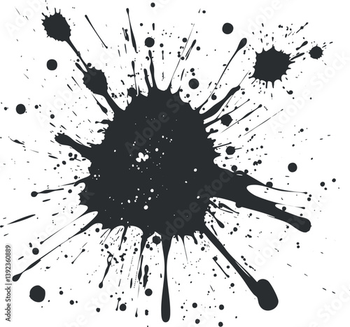 Black ink splatter on white background creating an abstract and artistic design.