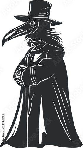 Silhouette illustration of a plague doctor wearing a beaked mask and cloak, symbolizing historical medicine.