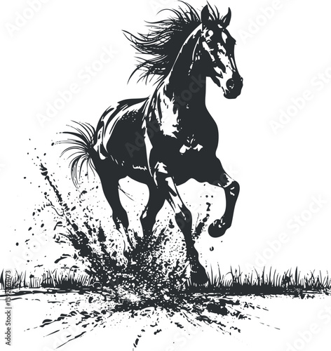 Dynamic black silhouette of a galloping horse with splashes, illustrating power and freedom.