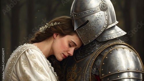 Medieval romance detail, highlighting the knight and maiden theme.
