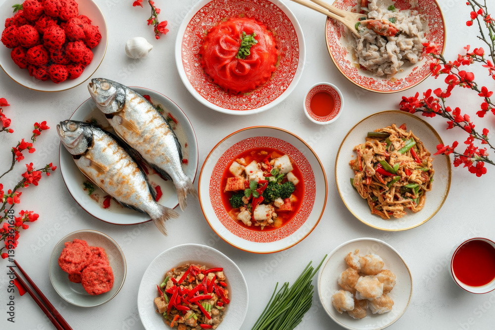 Fototapeta premium Delicious Chinese New Year Feast Traditional Dishes on Table