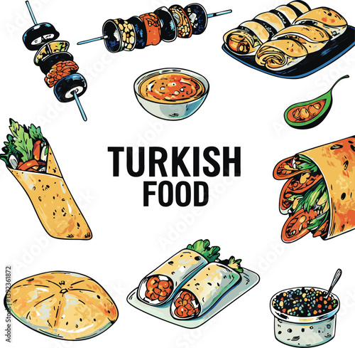 Delicious Turkish Food Kebabs, Wraps, Bread, and Sauces