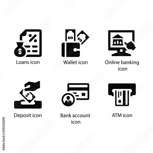Loans, Wallet, Online banking, Deposit, Bank account, ATM, Black Icon Set