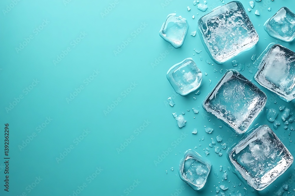 Transparent Ice Cubes Scattered On A Teal Colored Surface Transparent Ice Cubes Scattered On A Teal Colored Surface