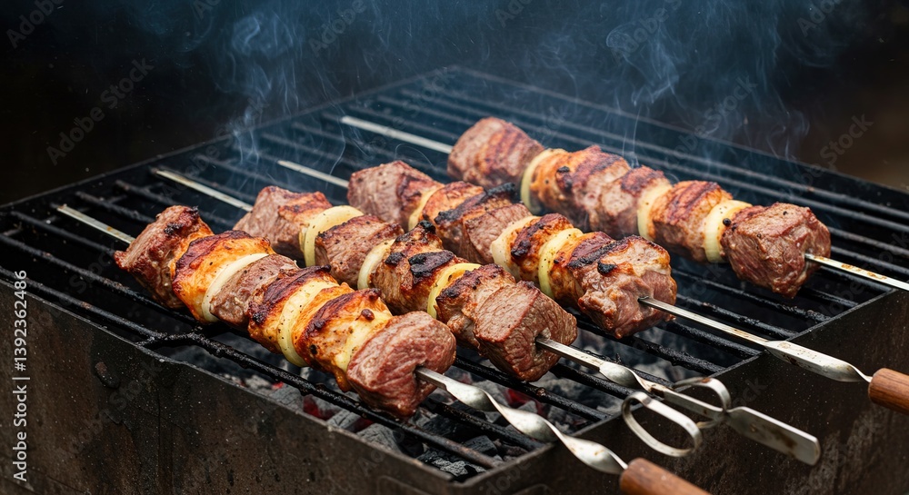 Three skewers of meat and onions grilling over hot coals on a barbeque grill rack Three skewers of meat and onions grilling over hot coals on a barbeque grill rack
