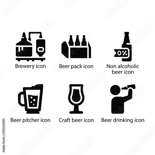 Brewery, Beer pack, Non alcoholic beer, Beer pitcher, Craft beer, Beer drinking, Black Icon Set